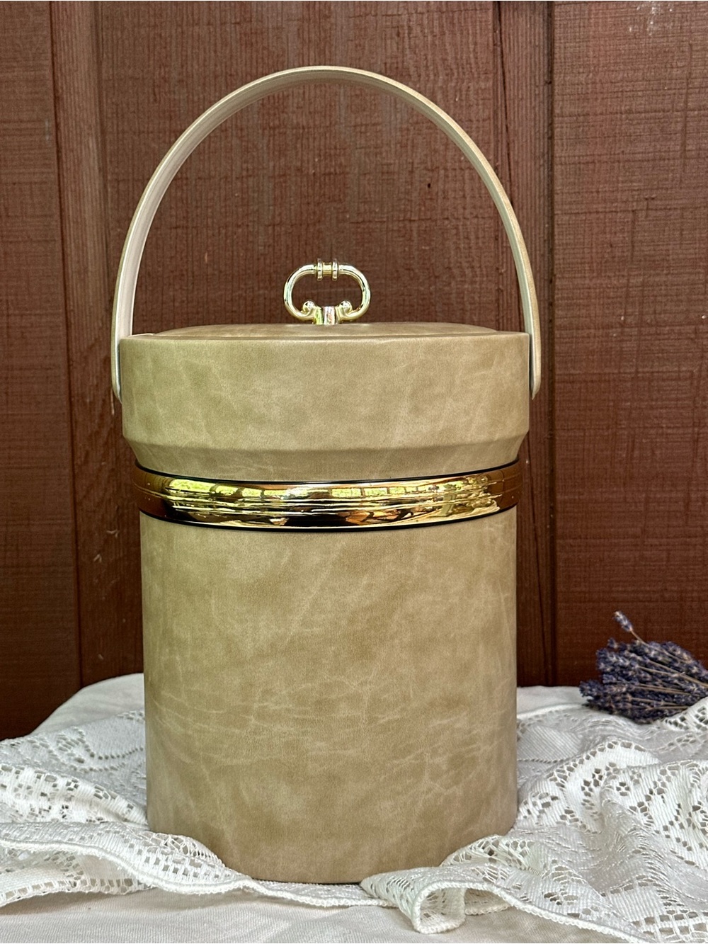 Vintage Shelton Ware Mid Century Ice Bucket Tan Faux Leather Gold Trim